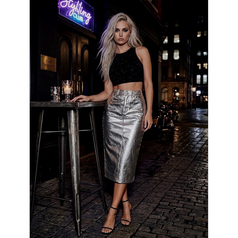 Avec Les Filles Metallic Faux Leather Midi Skirt M Silver Pencil Edgy Glam Club